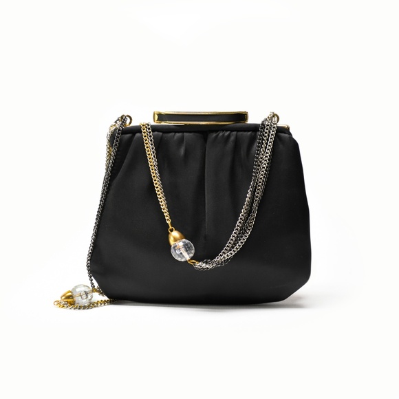 ANDÉ Vintage Black Satin Evening Bag Multi-Tone Chain Strap - Picture 1 of 10